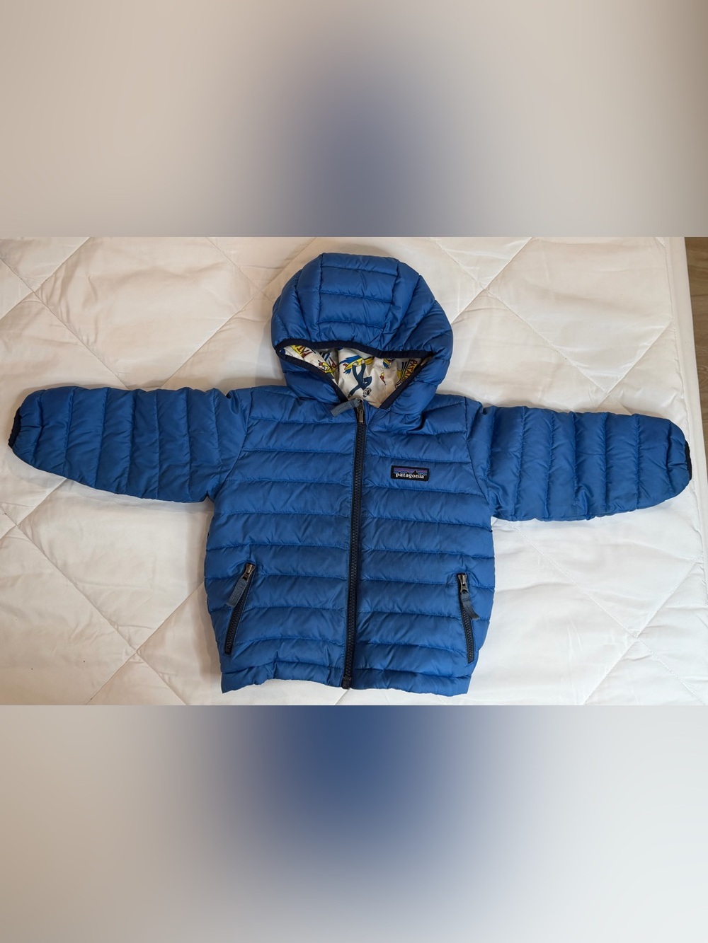 Patagonia Reversible Down Sweater Hoodie Toddlers' 6-12 M Blue READ Jacket